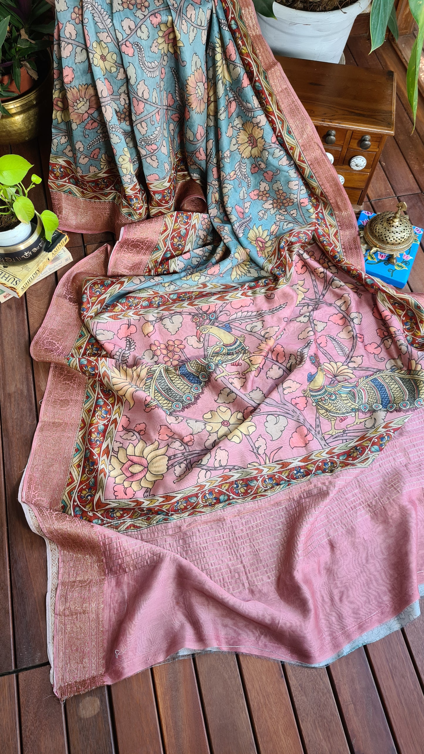 Zynah Pure Tussar Silk Saree with Kalamkari Design; Custom Stitched/Ready-made Blouse, Fall, Petticoat; Shipping available USA, Worldwide