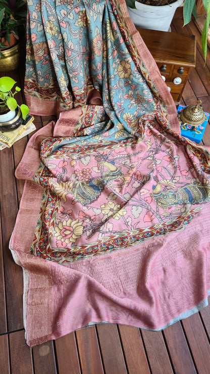 Zynah Pure Tussar Silk Saree with Kalamkari Design; Custom Stitched/Ready-made Blouse, Fall, Petticoat; Shipping available USA, Worldwide