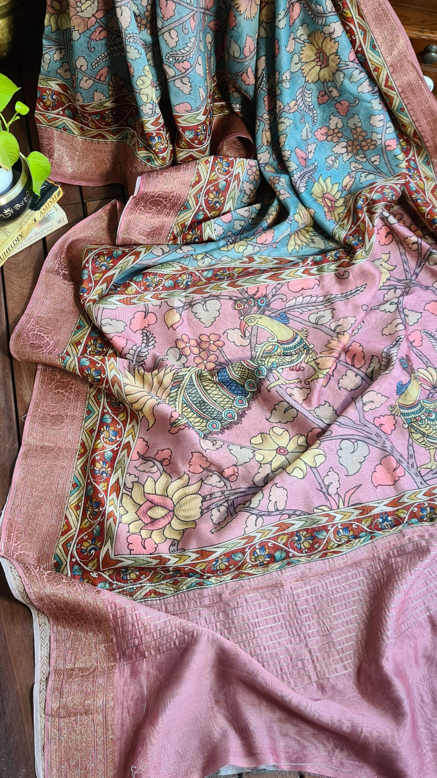 Zynah Pure Tussar Silk Saree with Kalamkari Design; Custom Stitched/Ready-made Blouse, Fall, Petticoat; Shipping available USA, Worldwide