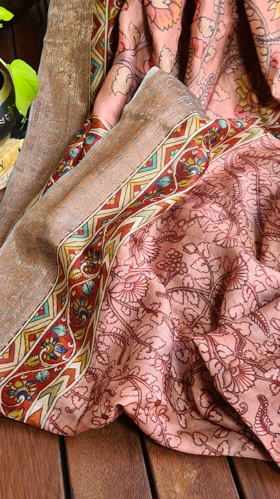 Zynah Pure Tussar Silk Saree with Kalamkari Design; Custom Stitched/Ready-made Blouse, Fall, Petticoat; Shipping available USA, Worldwide