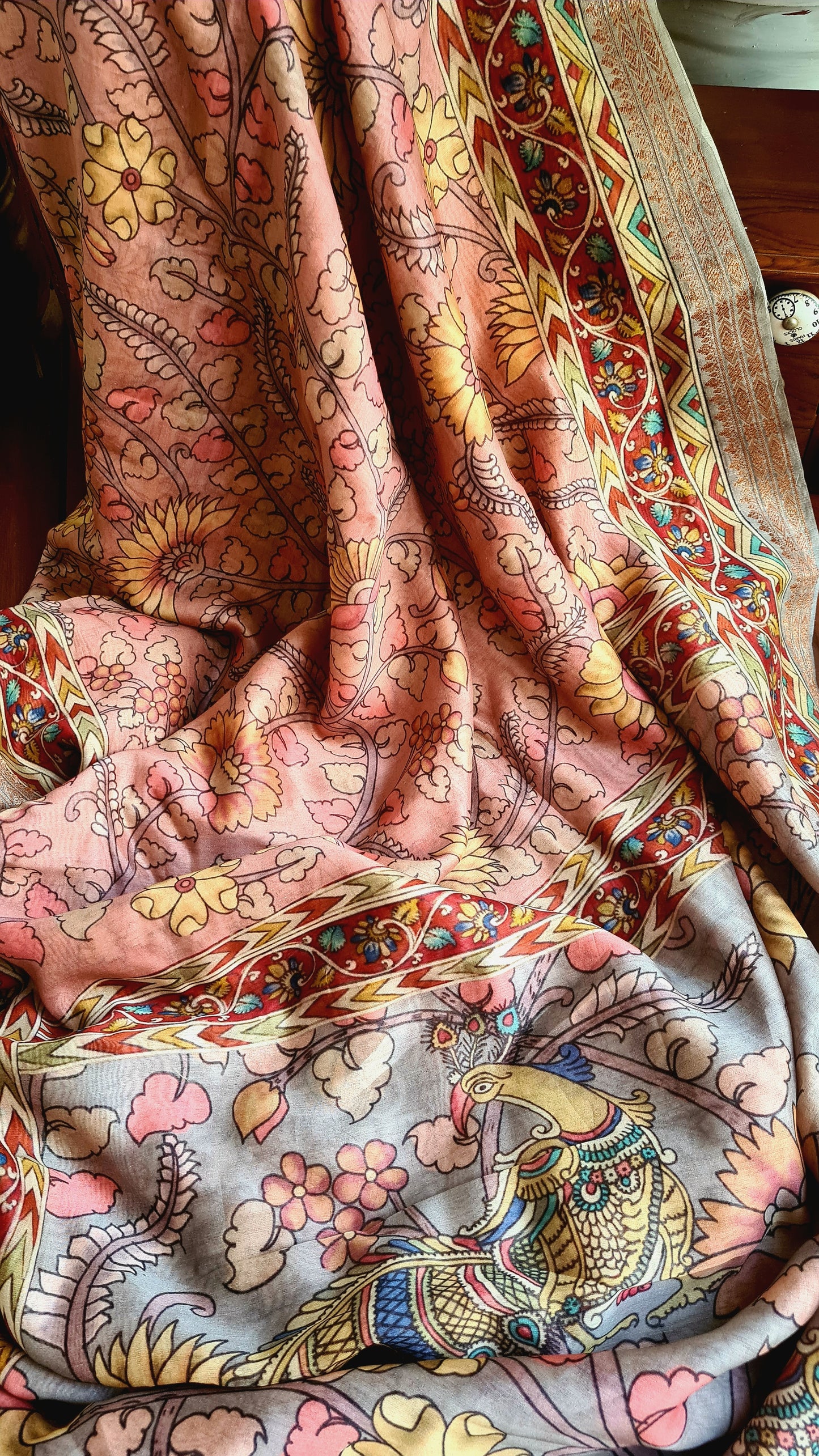 Zynah Pure Tussar Silk Saree with Kalamkari Design; Custom Stitched/Ready-made Blouse, Fall, Petticoat; Shipping available USA, Worldwide
