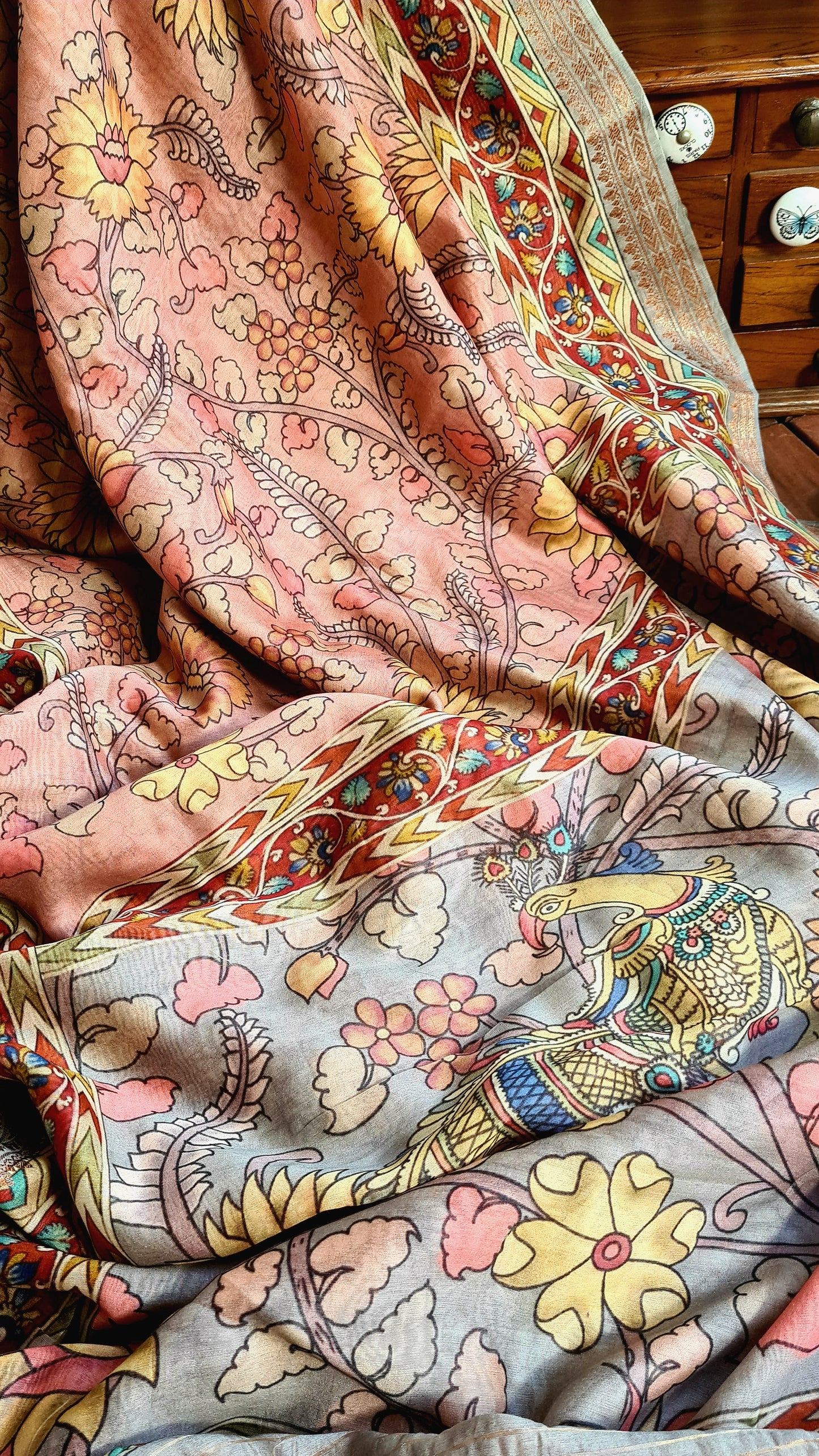 Zynah Pure Tussar Silk Saree with Kalamkari Design; Custom Stitched/Ready-made Blouse, Fall, Petticoat; Shipping available USA, Worldwide