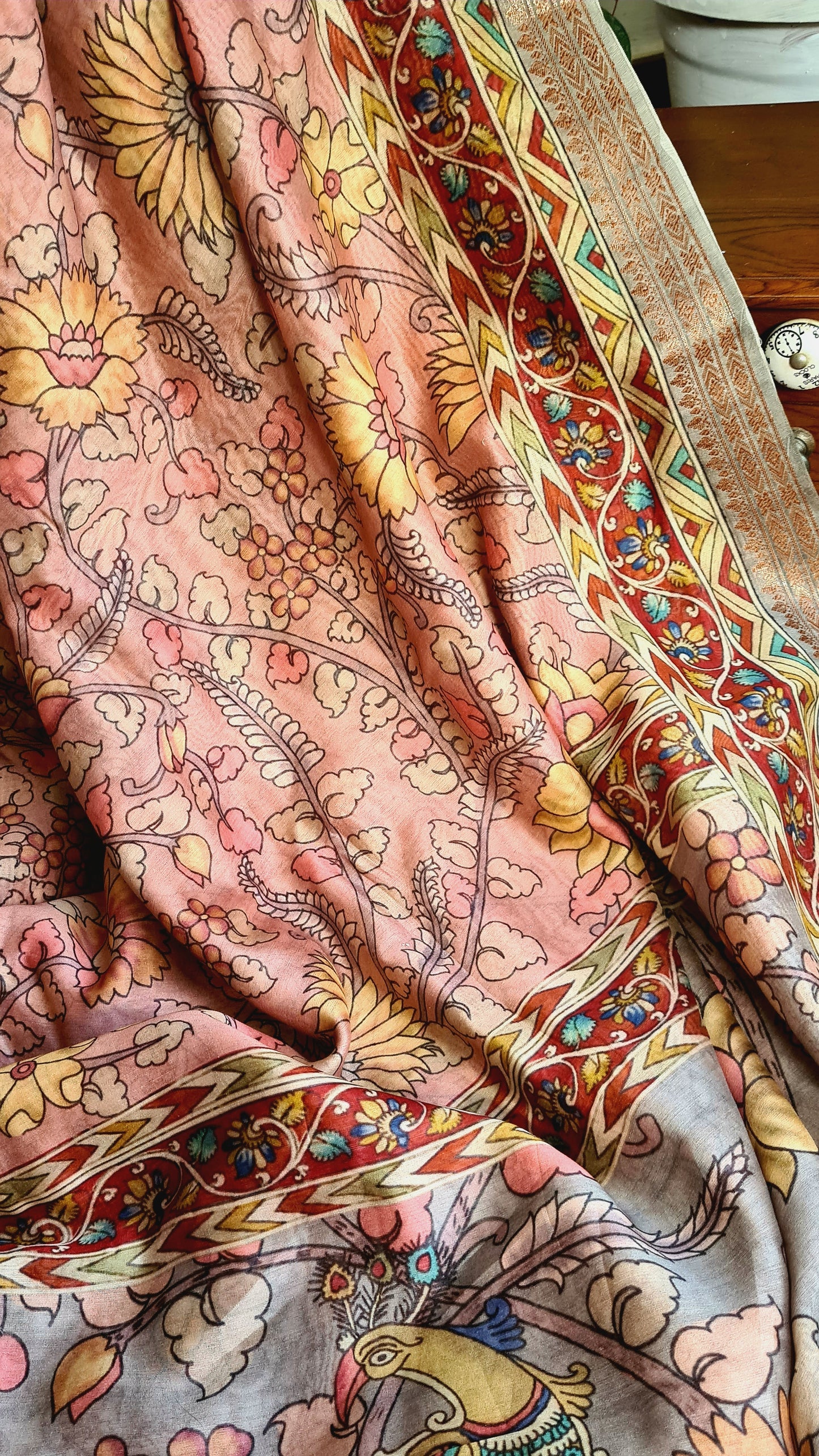 Zynah Pure Tussar Silk Saree with Kalamkari Design; Custom Stitched/Ready-made Blouse, Fall, Petticoat; Shipping available USA, Worldwide