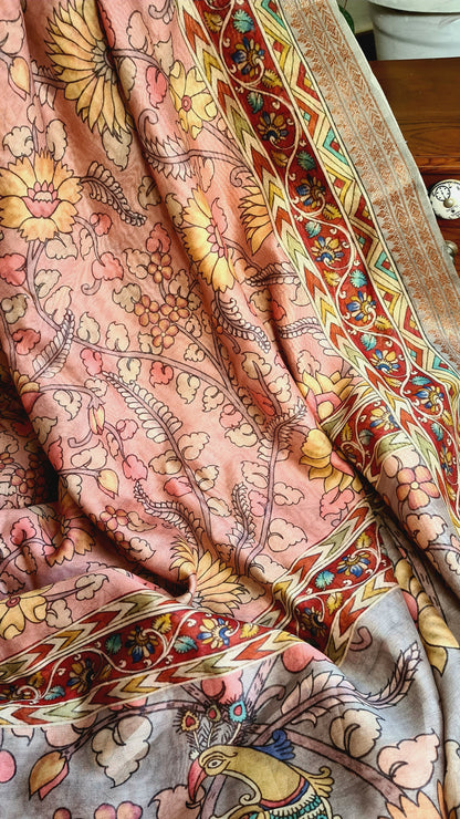 Zynah Pure Tussar Silk Saree with Kalamkari Design; Custom Stitched/Ready-made Blouse, Fall, Petticoat; Shipping available USA, Worldwide