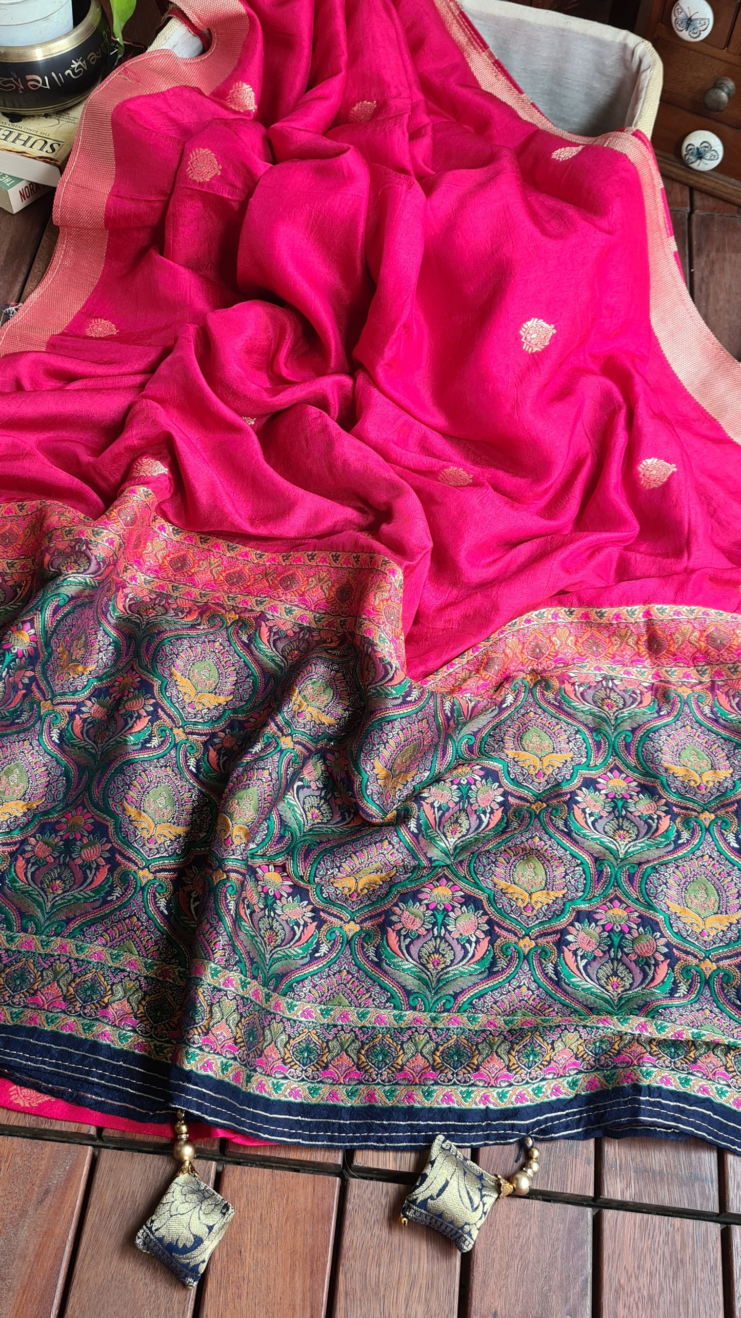Zynah Pure Russian Silk Saree with Resham Woven Pallu, Brocade & Beads Tassels; Custom Stitched/Ready-made Blouse, Fall, Petticoat; Shipping available USA, Worldwide