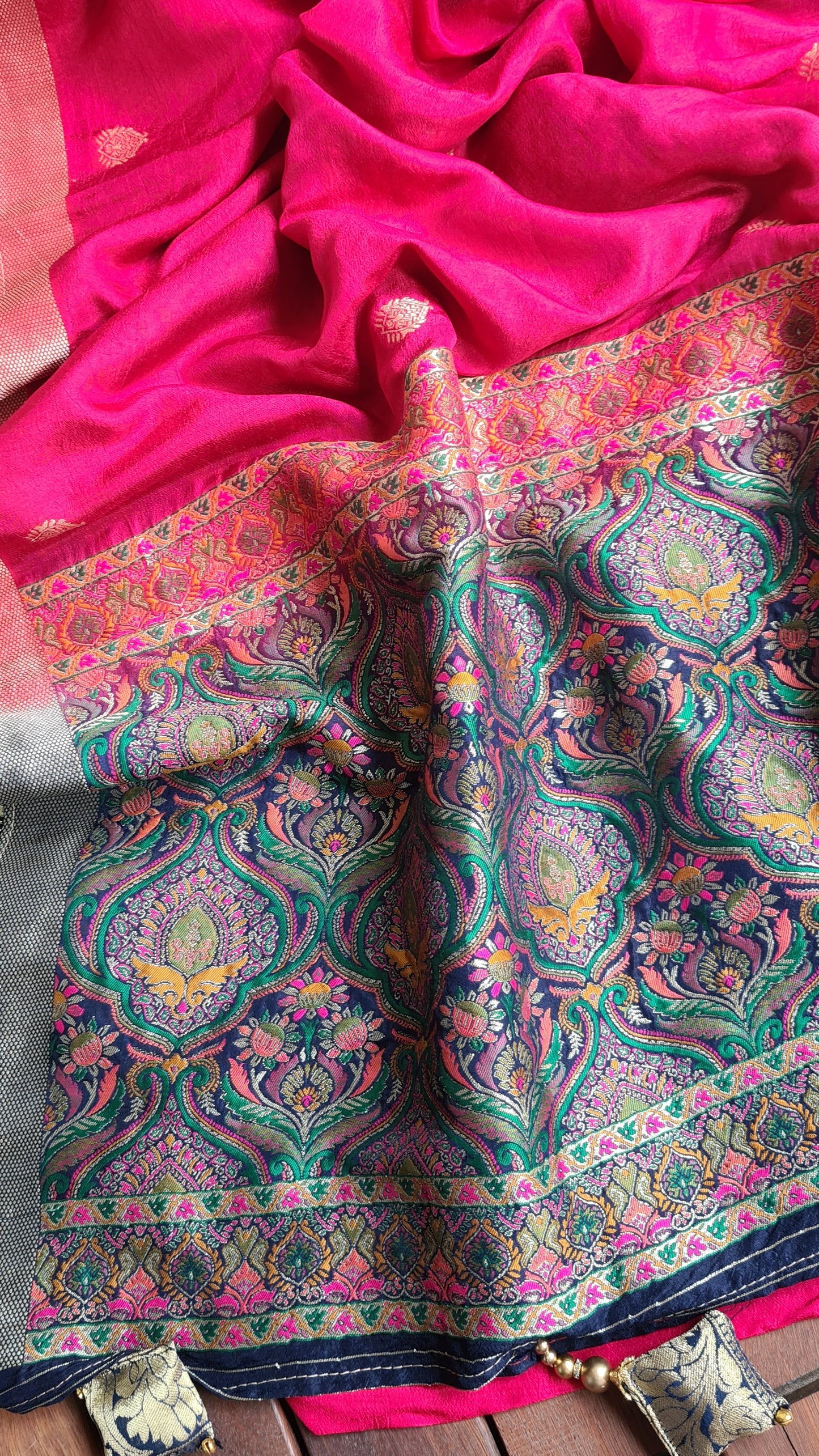 Zynah Pure Russian Silk Saree with Resham Woven Pallu, Brocade & Beads Tassels; Custom Stitched/Ready-made Blouse, Fall, Petticoat; Shipping available USA, Worldwide