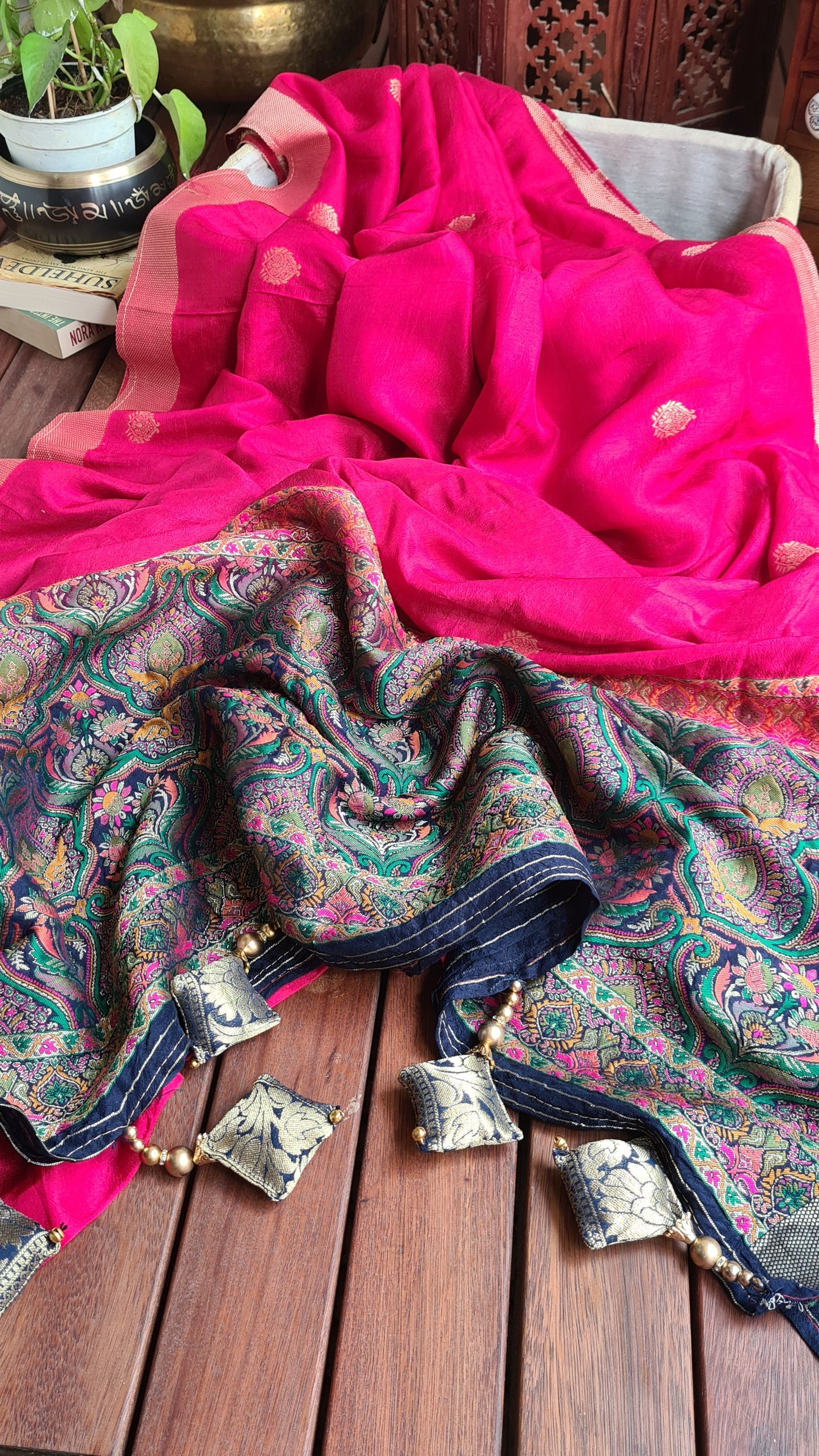 Zynah Pure Russian Silk Saree with Resham Woven Pallu, Brocade & Beads Tassels; Custom Stitched/Ready-made Blouse, Fall, Petticoat; Shipping available USA, Worldwide
