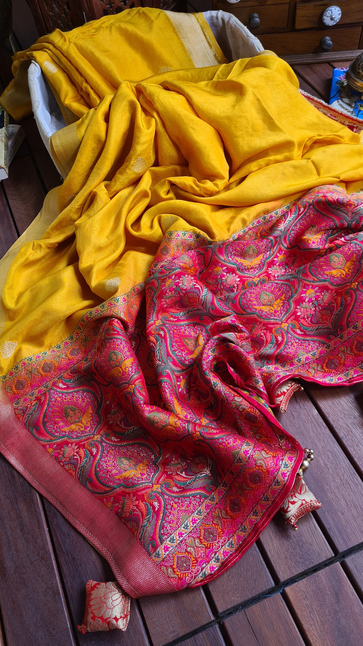 Zynah Pure Russian Silk Saree with Resham Woven Pallu, Brocade & Beads Tassels; Custom Stitched/Ready-made Blouse, Fall, Petticoat; Shipping available USA, Worldwide