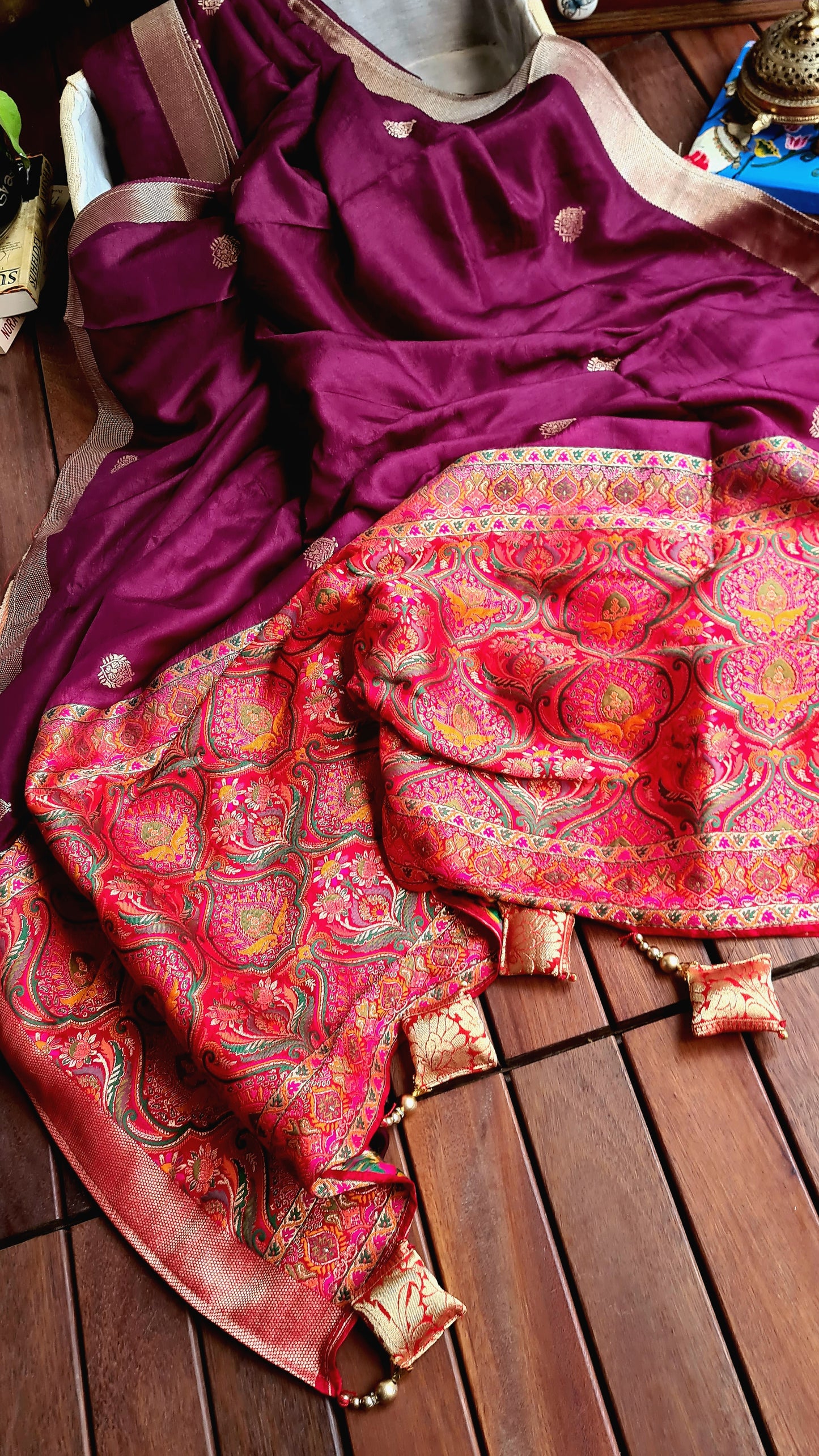 Zynah Pure Russian Silk Saree with Resham Woven Pallu, Brocade & Beads Tassels; Custom Stitched/Ready-made Blouse, Fall, Petticoat; Shipping available USA, Worldwide