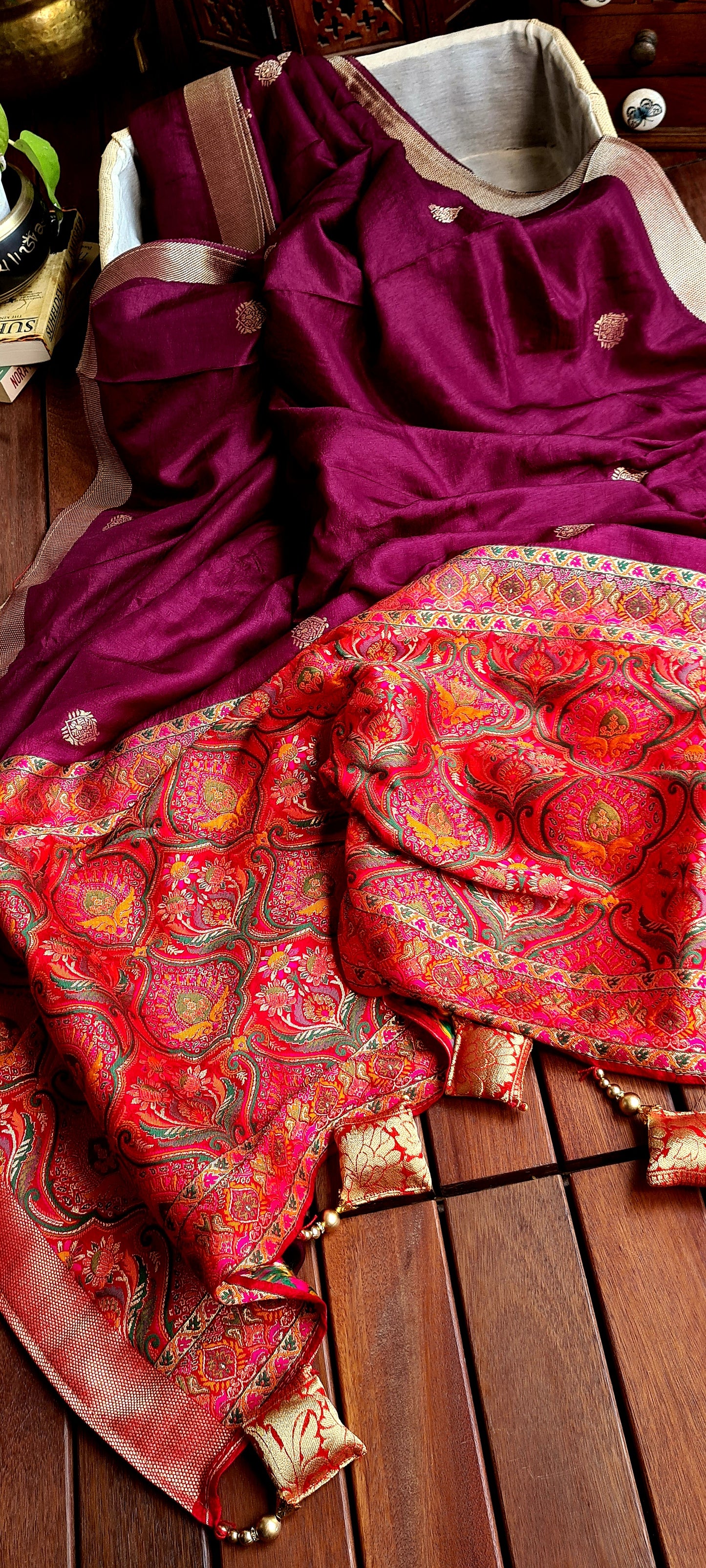 Zynah Pure Russian Silk Saree with Resham Woven Pallu, Brocade & Beads Tassels; Custom Stitched/Ready-made Blouse, Fall, Petticoat; Shipping available USA, Worldwide