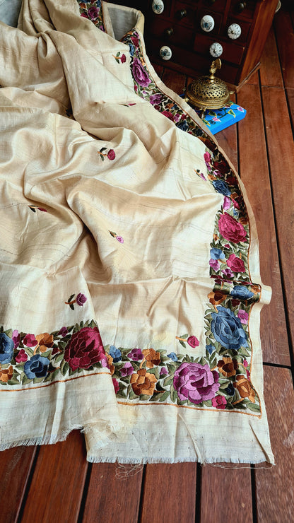Zynah Made to Order Pure Tussar Silk Parsi Gara Embroidery Saree; Custom Stitched/Ready-made Blouse, Fall, Petticoat; Shipping available USA, Worldwide