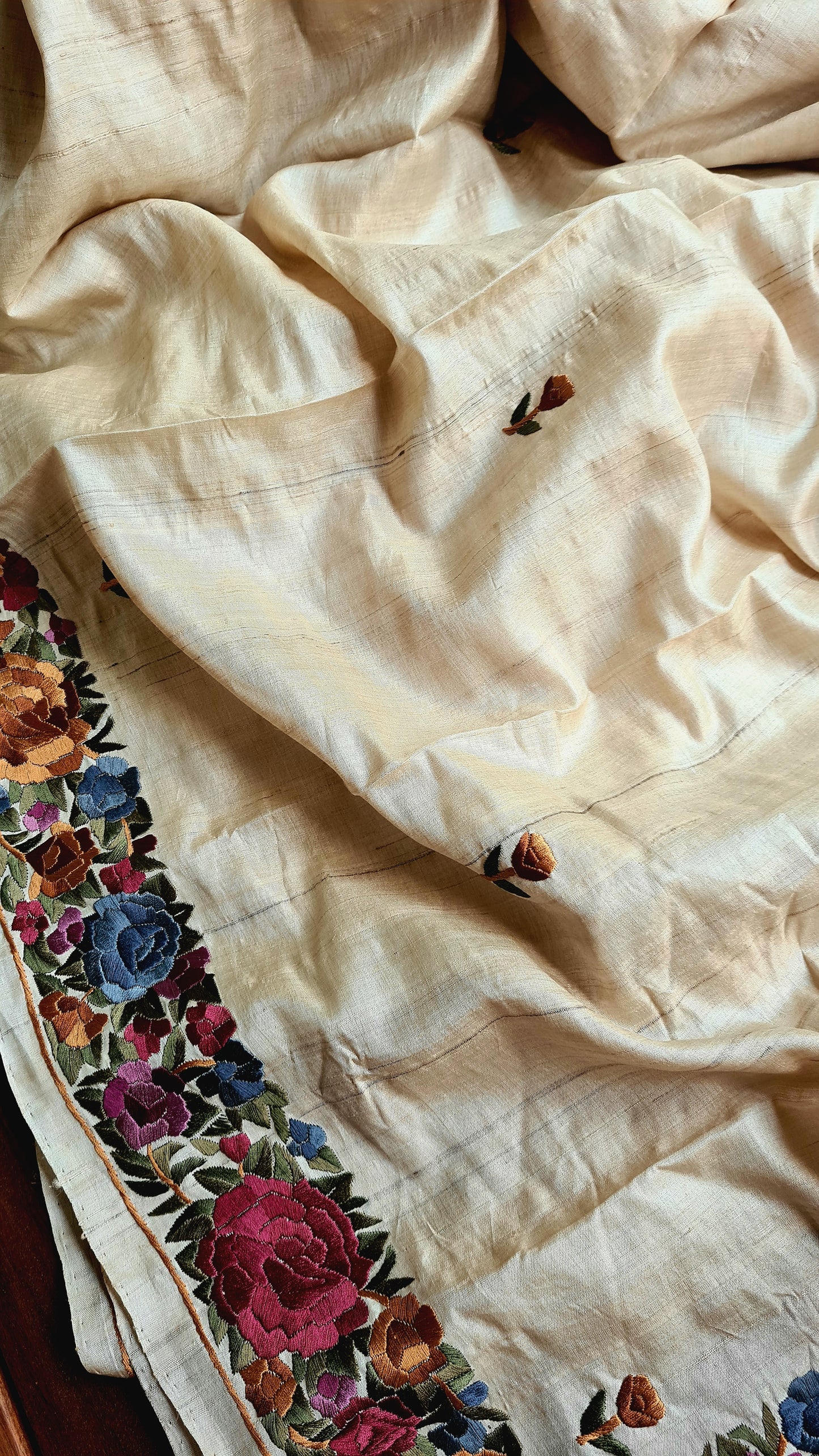 Zynah Made to Order Pure Tussar Silk Parsi Gara Embroidery Saree; Custom Stitched/Ready-made Blouse, Fall, Petticoat; Shipping available USA, Worldwide