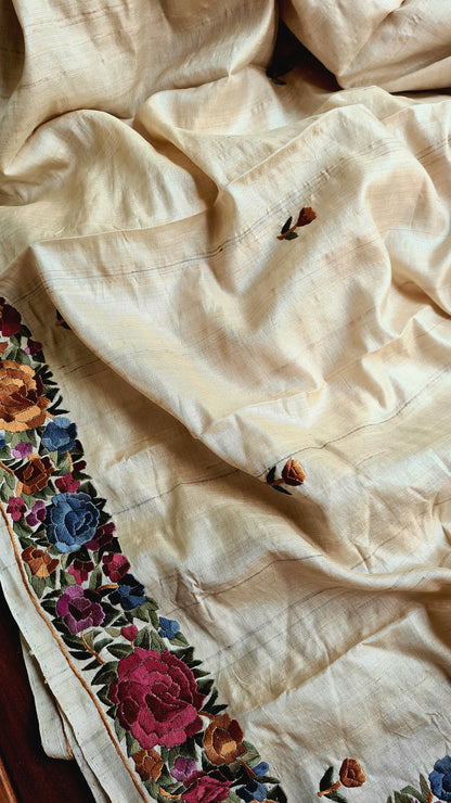 Zynah Made to Order Pure Tussar Silk Parsi Gara Embroidery Saree; Custom Stitched/Ready-made Blouse, Fall, Petticoat; Shipping available USA, Worldwide
