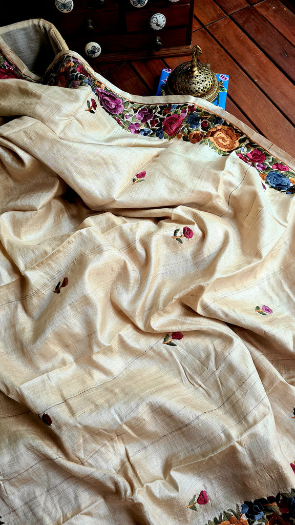 Zynah Made to Order Pure Tussar Silk Parsi Gara Embroidery Saree; Custom Stitched/Ready-made Blouse, Fall, Petticoat; Shipping available USA, Worldwide