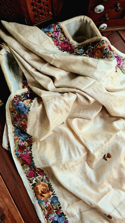 Zynah Made to Order Pure Tussar Silk Parsi Gara Embroidery Saree; Custom Stitched/Ready-made Blouse, Fall, Petticoat; Shipping available USA, Worldwide