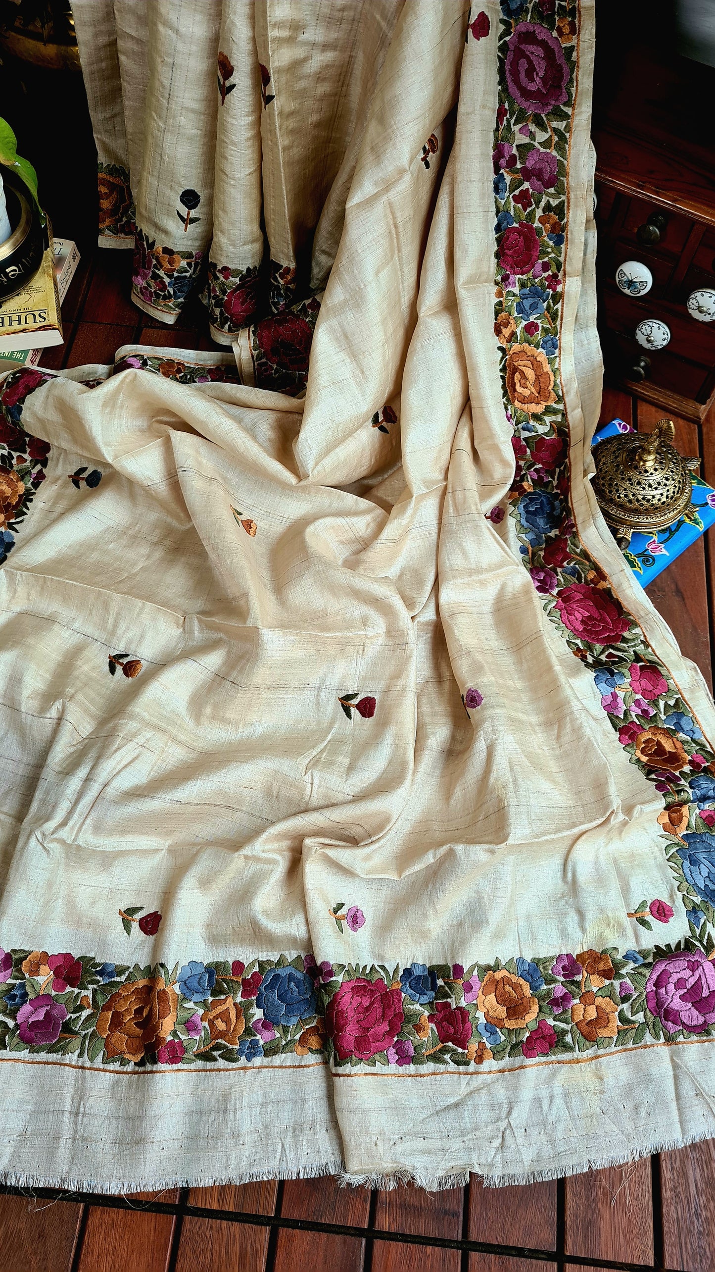 Zynah Made to Order Pure Tussar Silk Parsi Gara Embroidery Saree; Custom Stitched/Ready-made Blouse, Fall, Petticoat; Shipping available USA, Worldwide