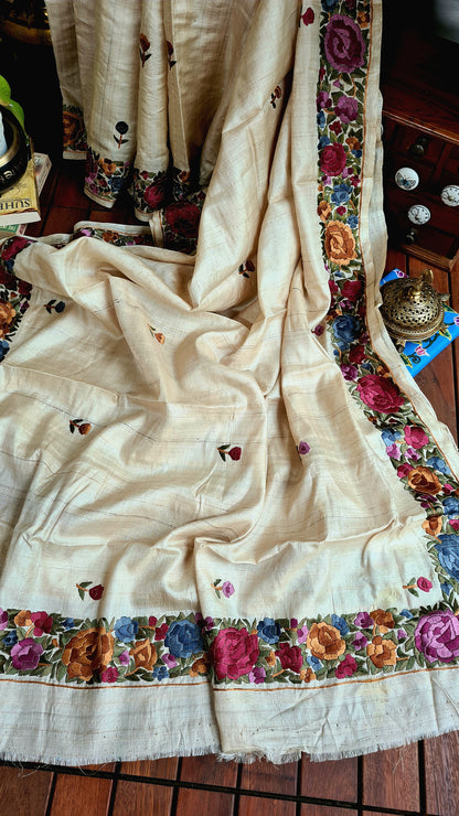 Zynah Made to Order Pure Tussar Silk Parsi Gara Embroidery Saree; Custom Stitched/Ready-made Blouse, Fall, Petticoat; Shipping available USA, Worldwide