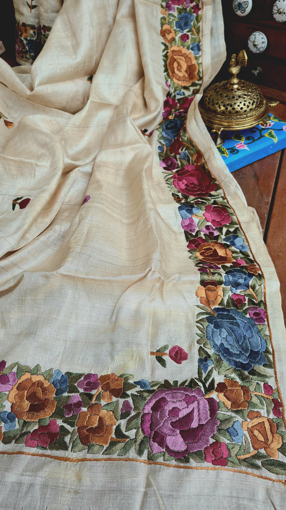 Zynah Made to Order Pure Tussar Silk Parsi Gara Embroidery Saree; Custom Stitched/Ready-made Blouse, Fall, Petticoat; Shipping available USA, Worldwide