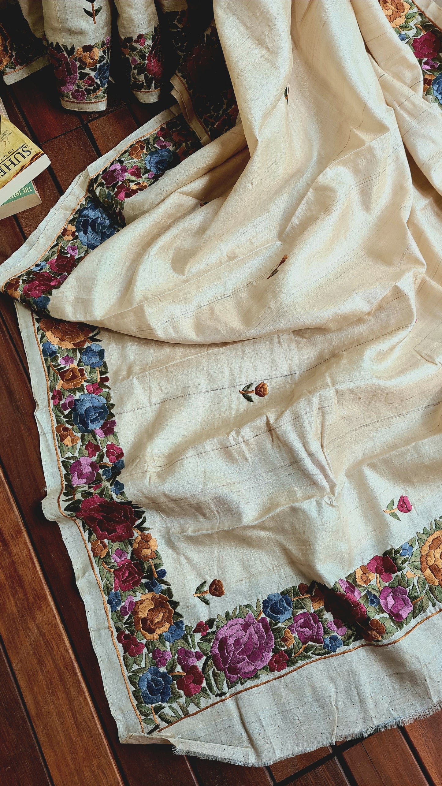 Zynah Made to Order Pure Tussar Silk Parsi Gara Embroidery Saree; Custom Stitched/Ready-made Blouse, Fall, Petticoat; Shipping available USA, Worldwide