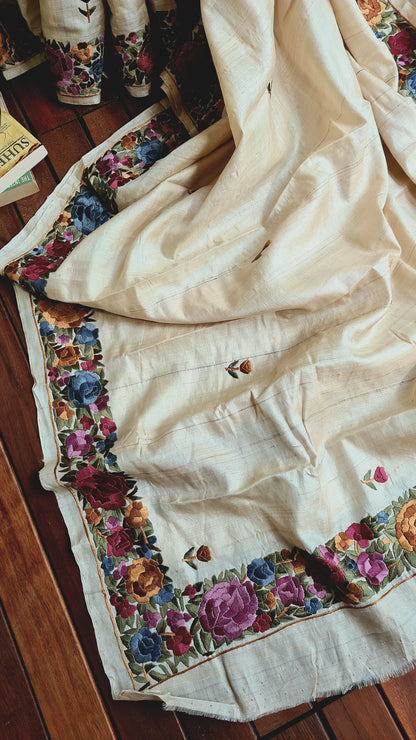 Zynah Made to Order Pure Tussar Silk Parsi Gara Embroidery Saree; Custom Stitched/Ready-made Blouse, Fall, Petticoat; Shipping available USA, Worldwide