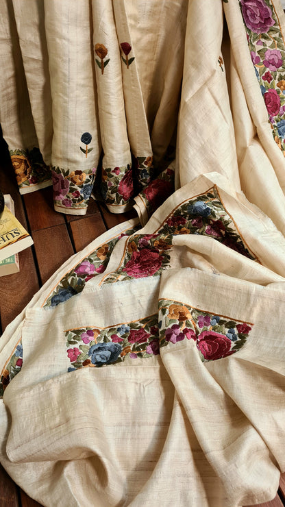 Zynah Made to Order Pure Tussar Silk Parsi Gara Embroidery Saree; Custom Stitched/Ready-made Blouse, Fall, Petticoat; Shipping available USA, Worldwide