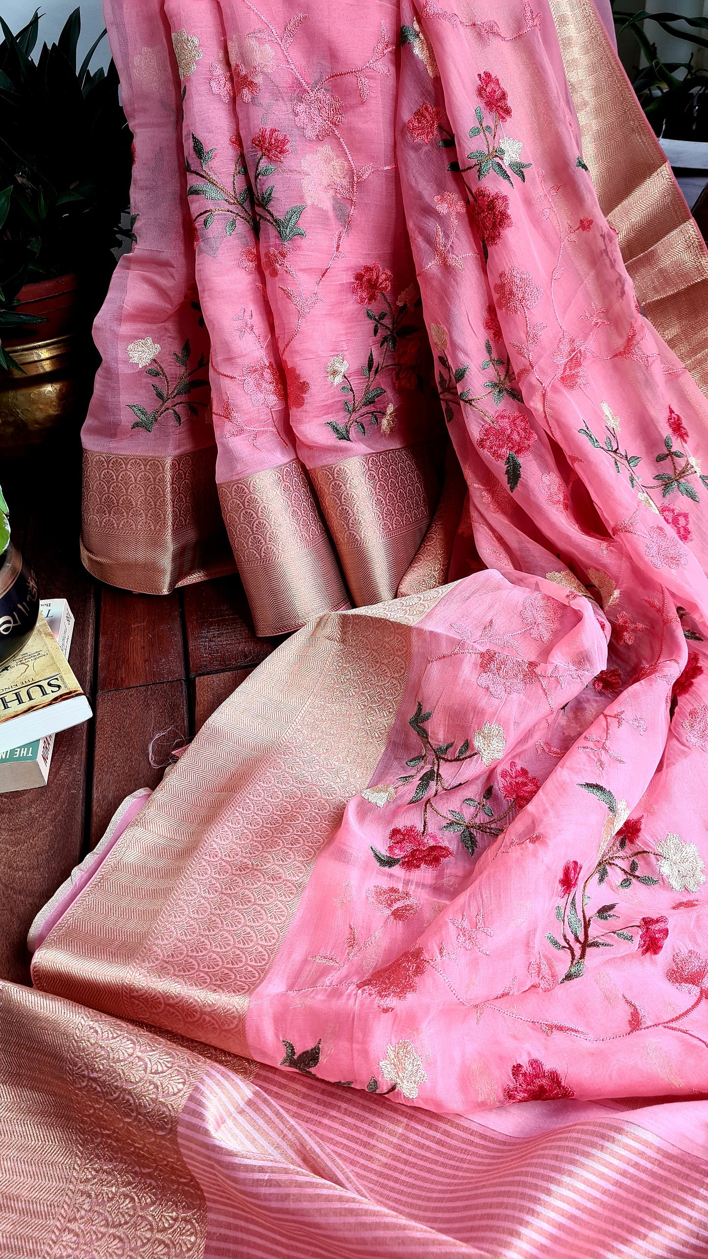 Zynah Organza Silk Thread Embroidery Saree with Zari Border, Buti Blouse Piece; Custom Stitched/Ready-made Blouse, Fall, Petticoat; Shipping available USA, Worldwide