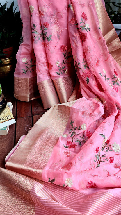 Zynah Organza Silk Thread Embroidery Saree with Zari Border, Buti Blouse Piece; Custom Stitched/Ready-made Blouse, Fall, Petticoat; Shipping available USA, Worldwide