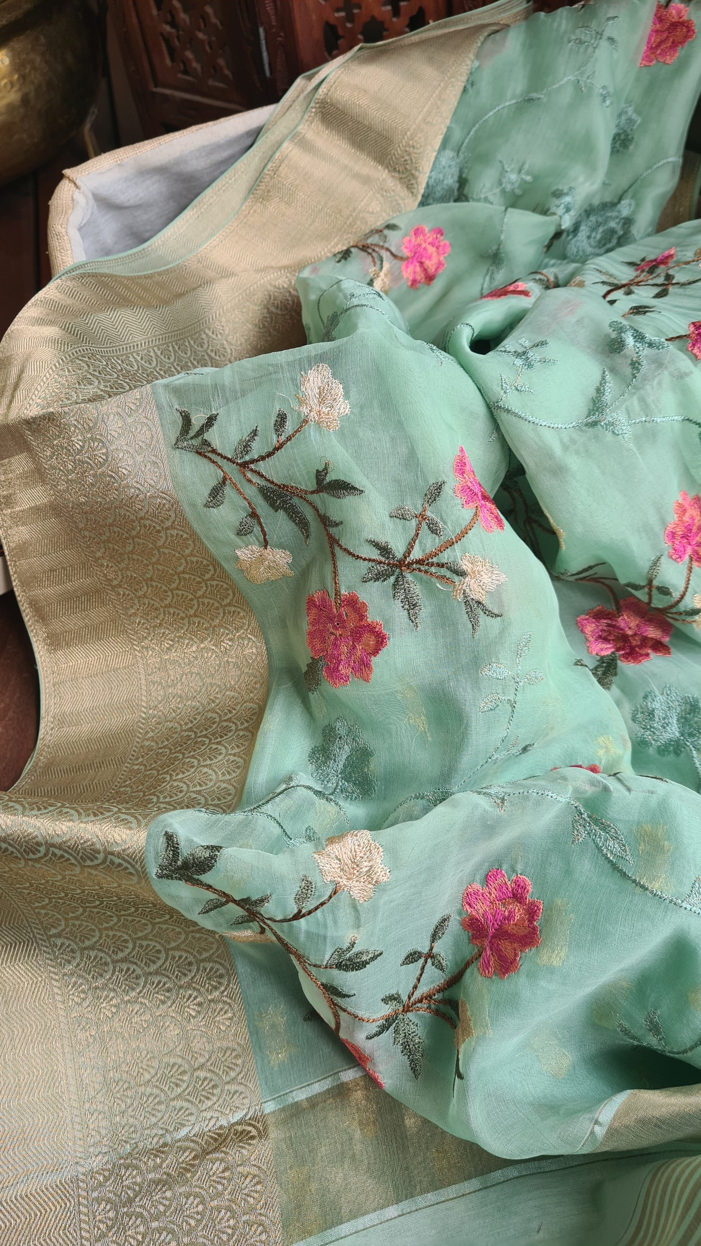 Zynah Organza Silk Thread Embroidery Saree with Zari Border, Buti Blouse Piece; Custom Stitched/Ready-made Blouse, Fall, Petticoat; Shipping available USA, Worldwide