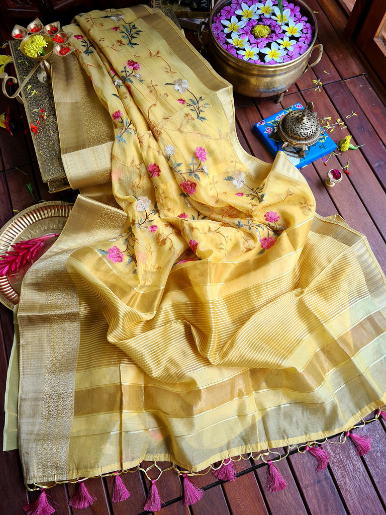 Zynah Organza Silk Thread Embroidery Saree with Zari Border, Buti Blouse Piece; Custom Stitched/Ready-made Blouse, Fall, Petticoat; Shipping available USA, Worldwide