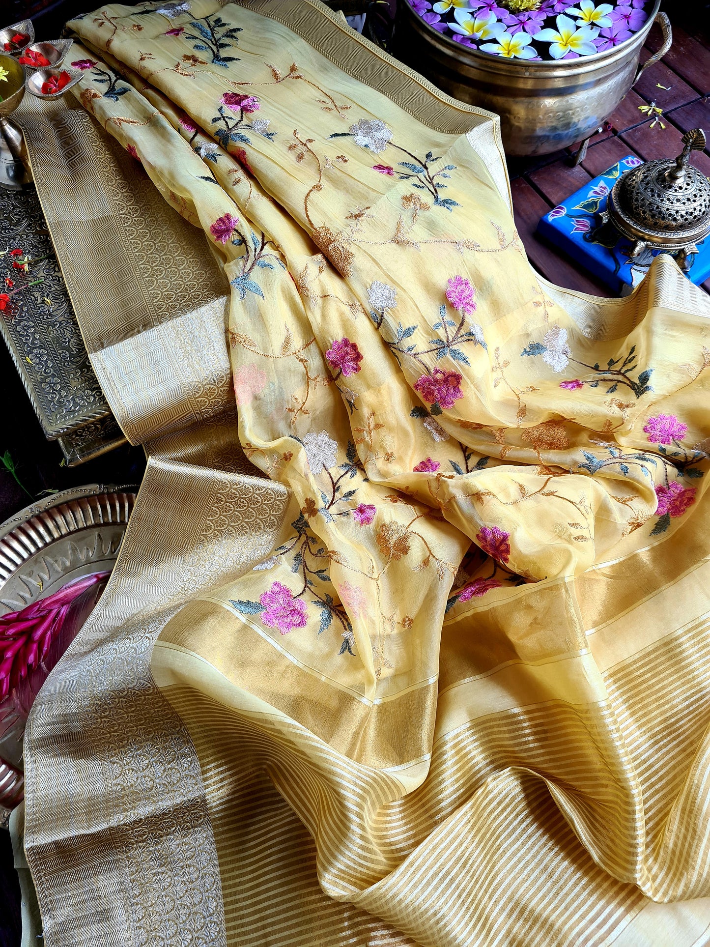 Zynah Organza Silk Thread Embroidery Saree with Zari Border, Buti Blouse Piece; Custom Stitched/Ready-made Blouse, Fall, Petticoat; Shipping available USA, Worldwide