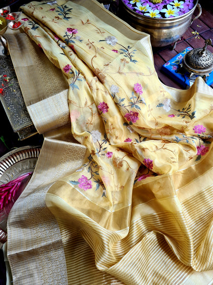 Zynah Organza Silk Thread Embroidery Saree with Zari Border, Buti Blouse Piece; Custom Stitched/Ready-made Blouse, Fall, Petticoat; Shipping available USA, Worldwide