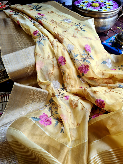 Zynah Organza Silk Thread Embroidery Saree with Zari Border, Buti Blouse Piece; Custom Stitched/Ready-made Blouse, Fall, Petticoat; Shipping available USA, Worldwide