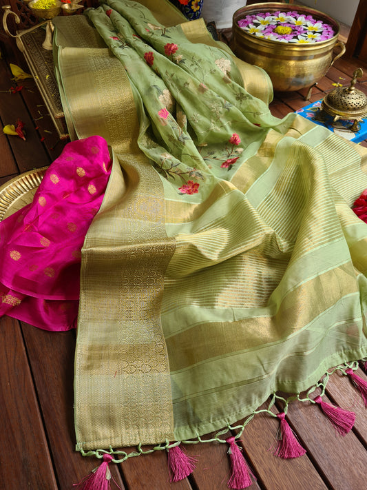 Zynah Organza Silk Thread Embroidery Saree with Zari Border, Buti Blouse Piece; Custom Stitched/Ready-made Blouse, Fall, Petticoat; Shipping available USA, Worldwide