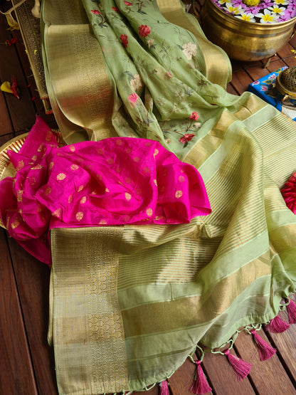 Zynah Organza Silk Thread Embroidery Saree with Zari Border, Buti Blouse Piece; Custom Stitched/Ready-made Blouse, Fall, Petticoat; Shipping available USA, Worldwide