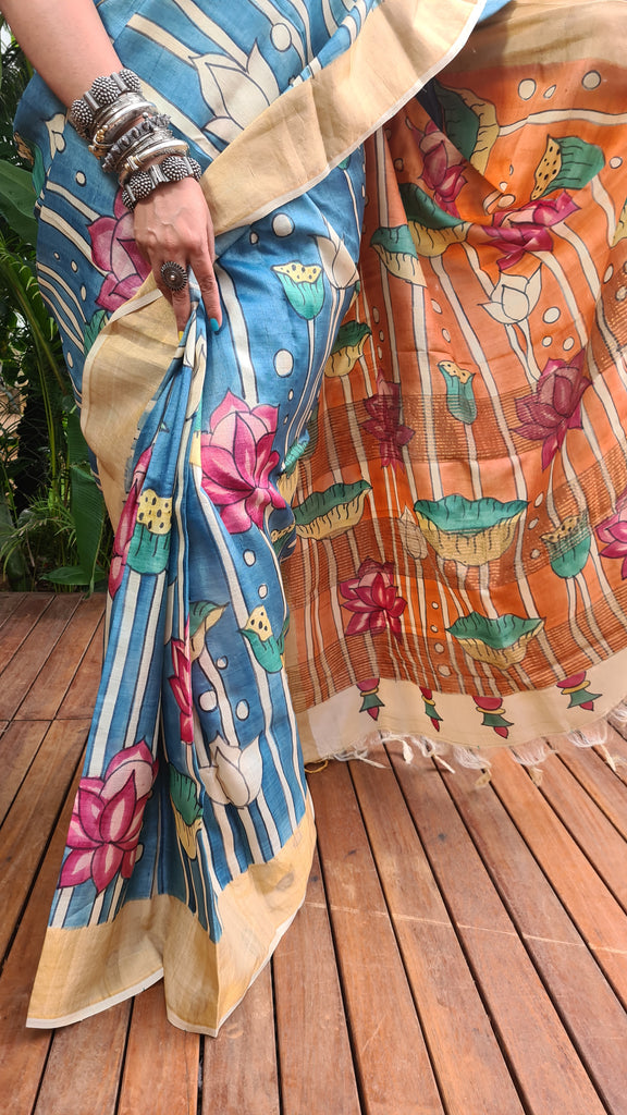 Zynah Pure Tussar Silk Saree with Hand-painted Kalamkari Design; Custom Stitched/Ready-made Blouse, Fall, Petticoat; Shipping available USA, Worldwide