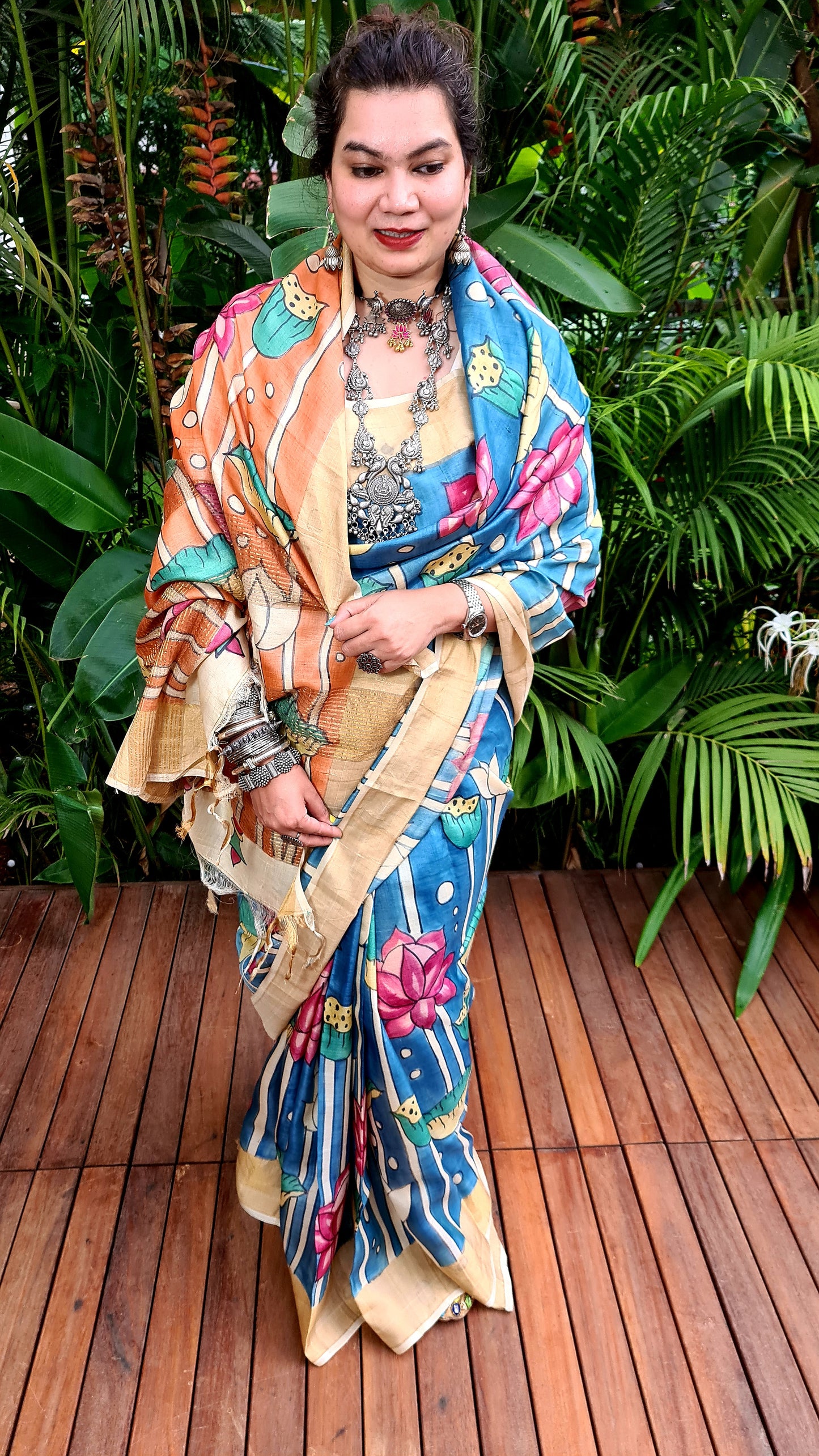 Zynah Pure Tussar Silk Saree with Hand-painted Kalamkari Design; Custom Stitched/Ready-made Blouse, Fall, Petticoat; Shipping available USA, Worldwide