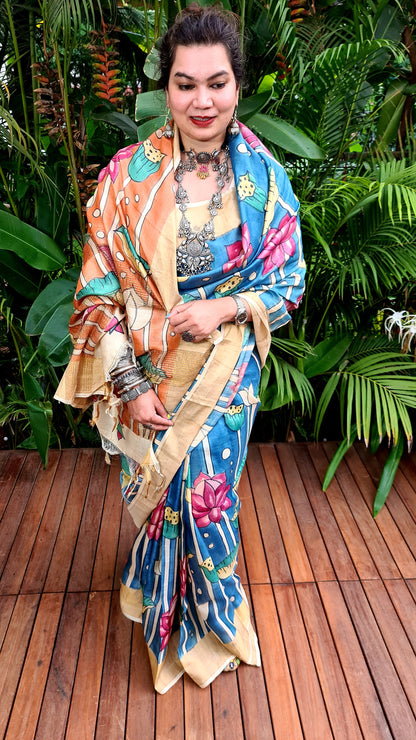 Zynah Pure Tussar Silk Saree with Hand-painted Kalamkari Design; Custom Stitched/Ready-made Blouse, Fall, Petticoat; Shipping available USA, Worldwide