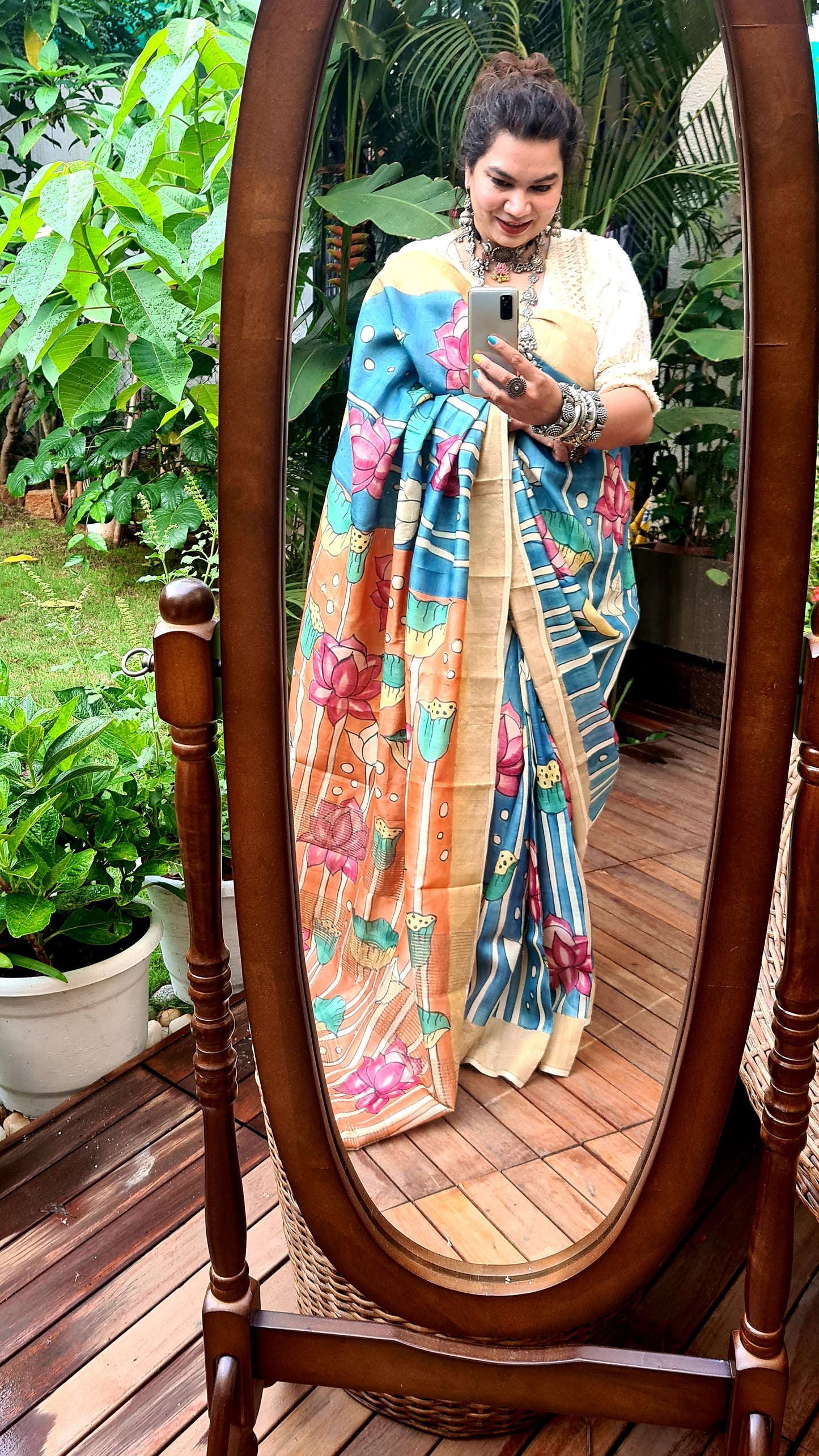 Zynah Pure Tussar Silk Saree with Hand-painted Kalamkari Design; Custom Stitched/Ready-made Blouse, Fall, Petticoat; Shipping available USA, Worldwide
