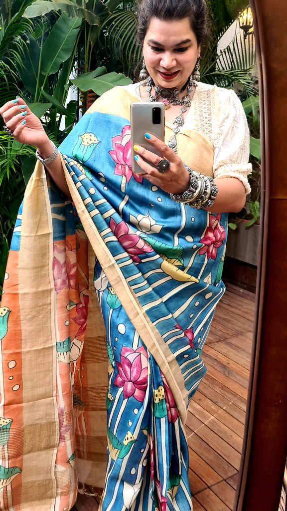 Zynah Pure Tussar Silk Saree with Hand-painted Kalamkari Design; Custom Stitched/Ready-made Blouse, Fall, Petticoat; Shipping available USA, Worldwide