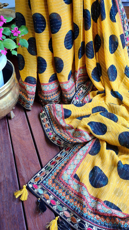 Zynah Pure Georgette Saree with Digital Prints, Sequence & Handcrafted Lace; Custom Stitched/Ready-made Blouse, Fall, Petticoat; Shipping available USA, Worldwide