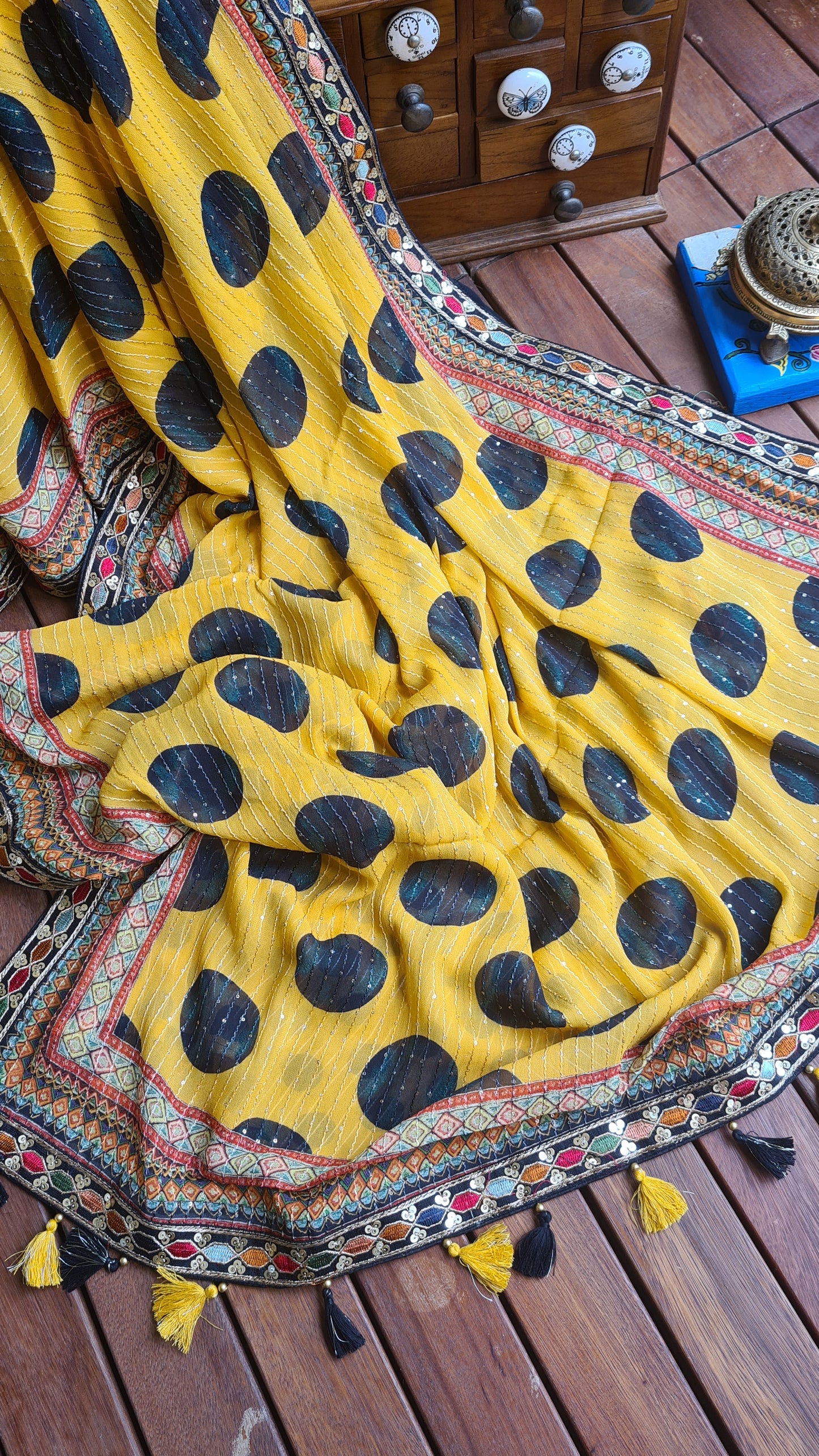 Zynah Pure Georgette Saree with Digital Prints, Sequence & Handcrafted Lace; Custom Stitched/Ready-made Blouse, Fall, Petticoat; Shipping available USA, Worldwide