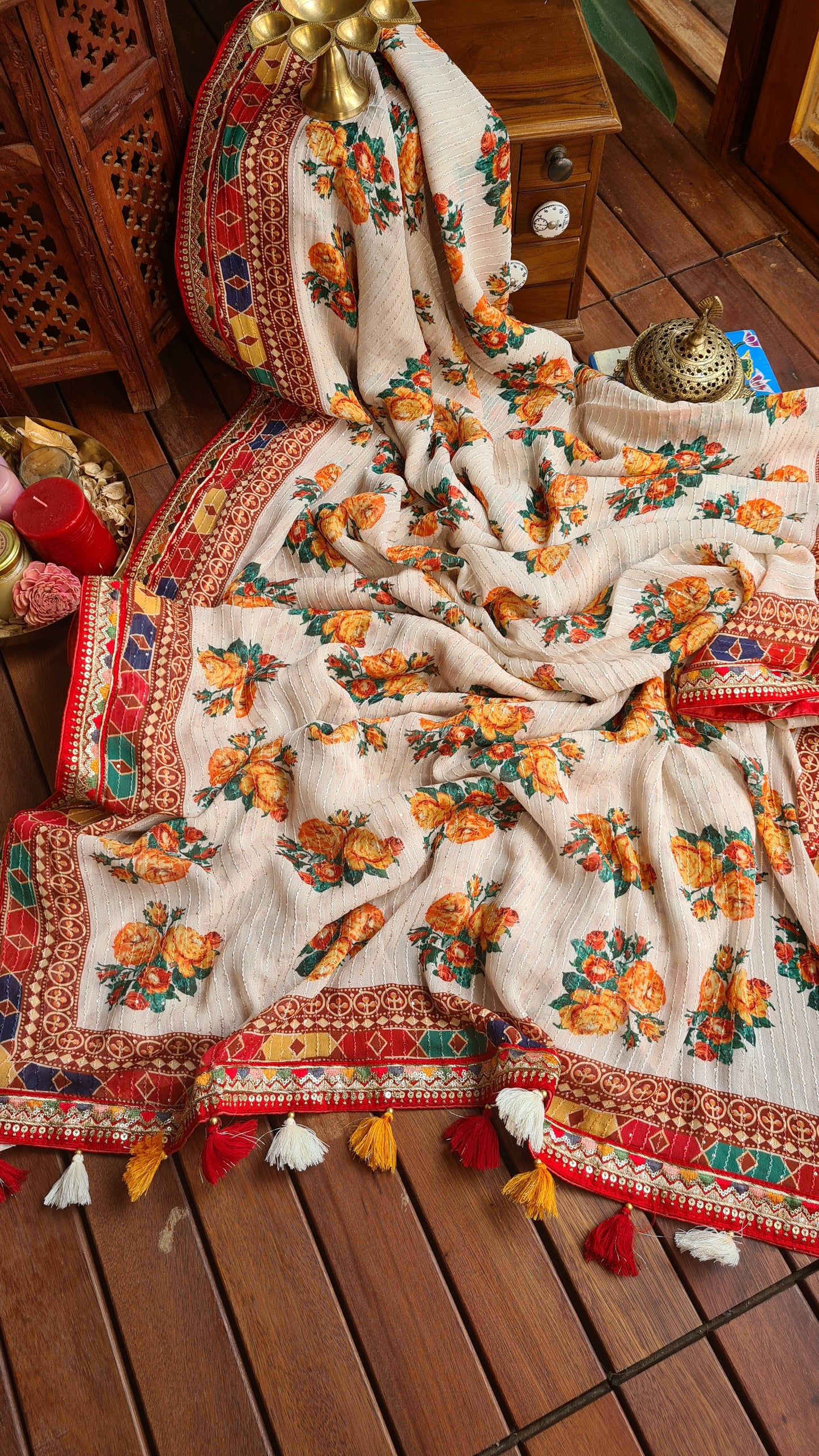 Zynah Pure Georgette Saree with Digital Prints, Sequence & Handcrafted Lace; Custom Stitched/Ready-made Blouse, Fall, Petticoat; Shipping available USA, Worldwide