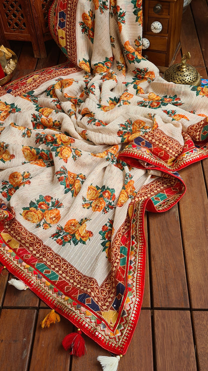 Zynah Pure Georgette Saree with Digital Prints, Sequence & Handcrafted Lace; Custom Stitched/Ready-made Blouse, Fall, Petticoat; Shipping available USA, Worldwide