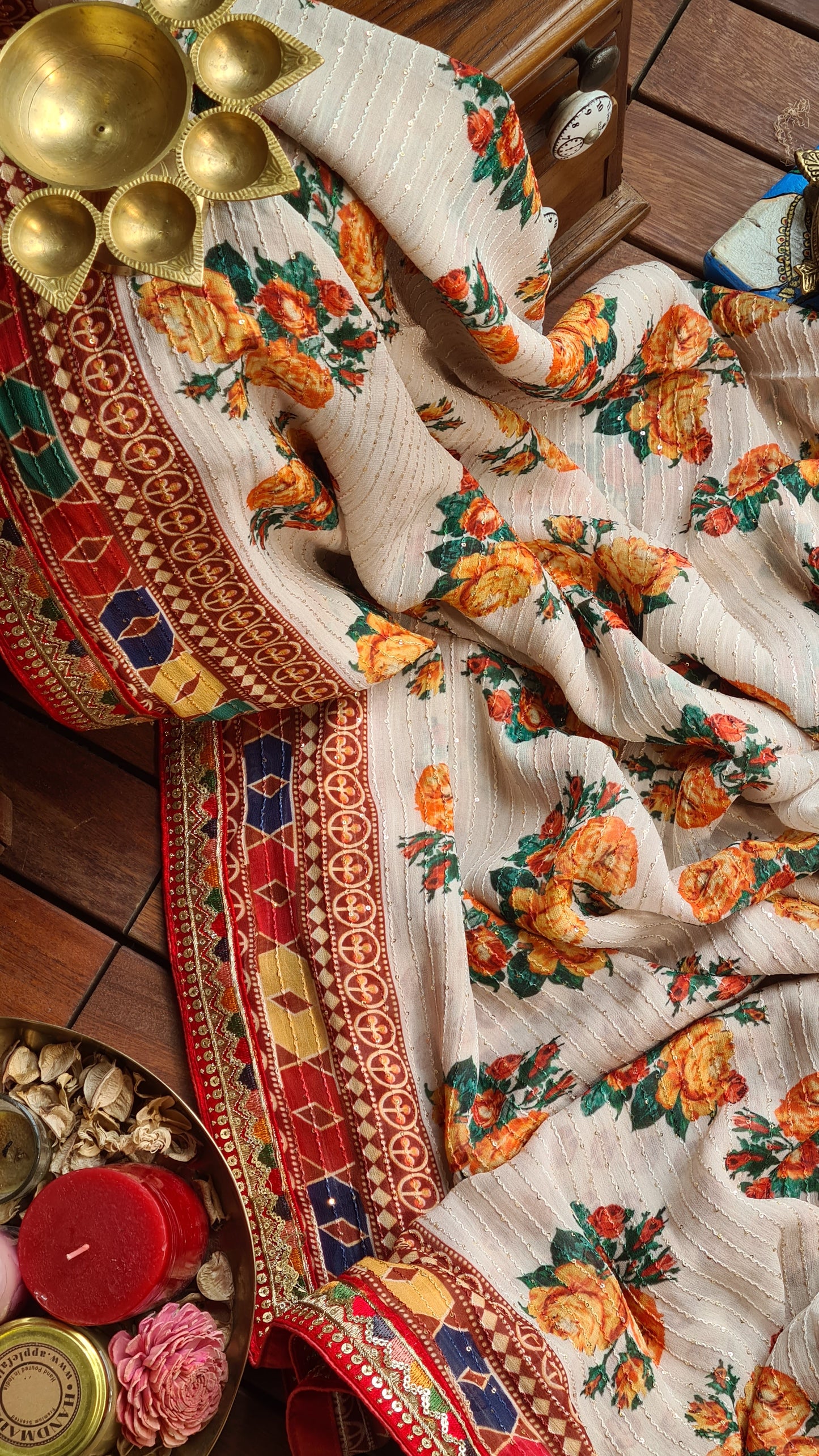 Zynah Pure Georgette Saree with Digital Prints, Sequence & Handcrafted Lace; Custom Stitched/Ready-made Blouse, Fall, Petticoat; Shipping available USA, Worldwide