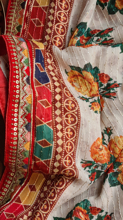 Zynah Pure Georgette Saree with Digital Prints, Sequence & Handcrafted Lace; Custom Stitched/Ready-made Blouse, Fall, Petticoat; Shipping available USA, Worldwide