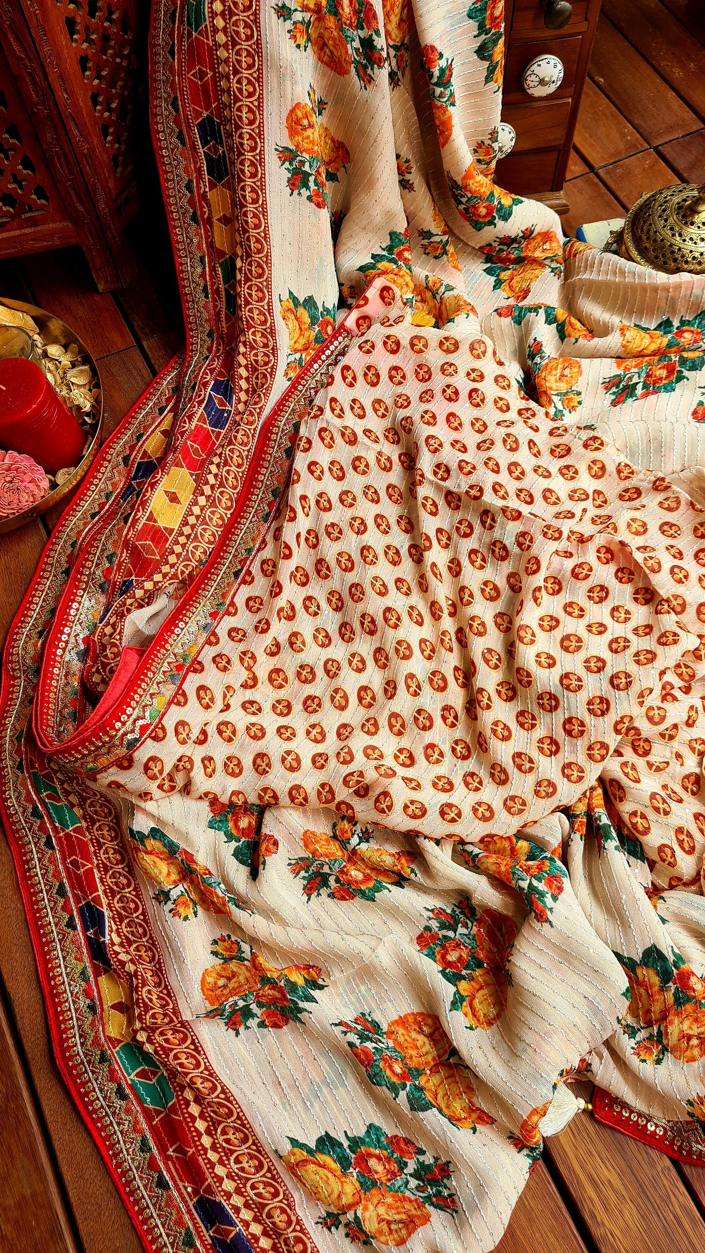 Zynah Pure Georgette Saree with Digital Prints, Sequence & Handcrafted Lace; Custom Stitched/Ready-made Blouse, Fall, Petticoat; Shipping available USA, Worldwide