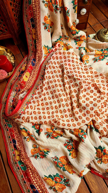 Zynah Pure Georgette Saree with Digital Prints, Sequence & Handcrafted Lace; Custom Stitched/Ready-made Blouse, Fall, Petticoat; Shipping available USA, Worldwide