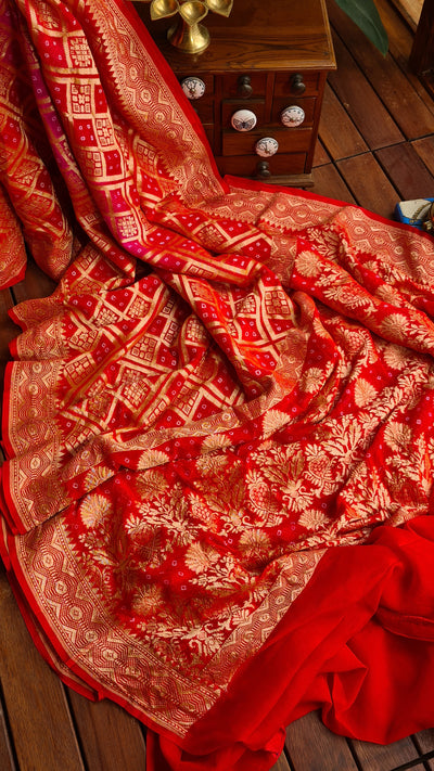 Zynah Banarasi Khaddi Georgette Saree with Bandhani Prints & Double-shade; Custom Stitched/Ready-made Blouse, Fall, Petticoat; Shipping available USA, Worldwide