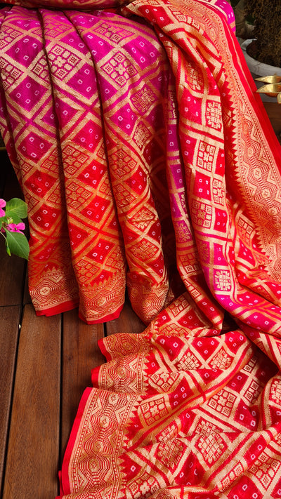 Zynah Banarasi Khaddi Georgette Saree with Bandhani Prints & Double-shade; Custom Stitched/Ready-made Blouse, Fall, Petticoat; Shipping available USA, Worldwide
