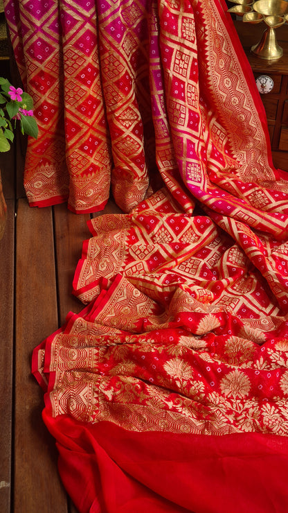 Zynah Banarasi Khaddi Georgette Saree with Bandhani Prints & Double-shade; Custom Stitched/Ready-made Blouse, Fall, Petticoat; Shipping available USA, Worldwide